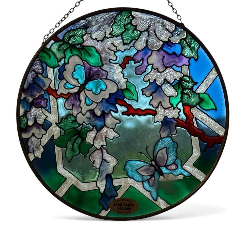 NIB Joan Baker Designs Hand Painted Stained Glass Suncatcher Butterfly Flowers